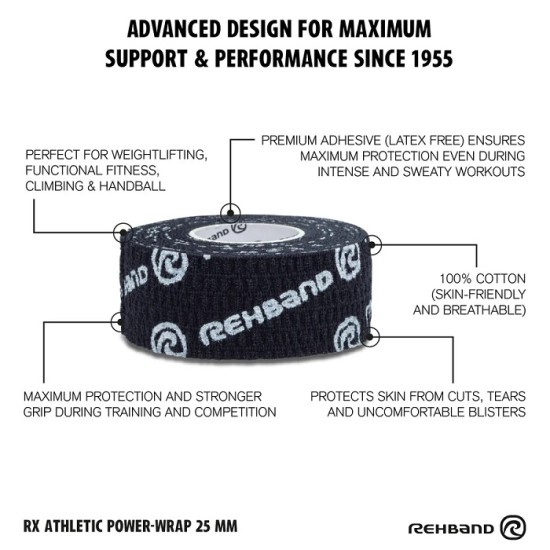 
                                        Тейп за пръсти RX Athletic Power-Wrap 25mm, Hookgrip Tape-REHBAND-3бр в опаковка Черен